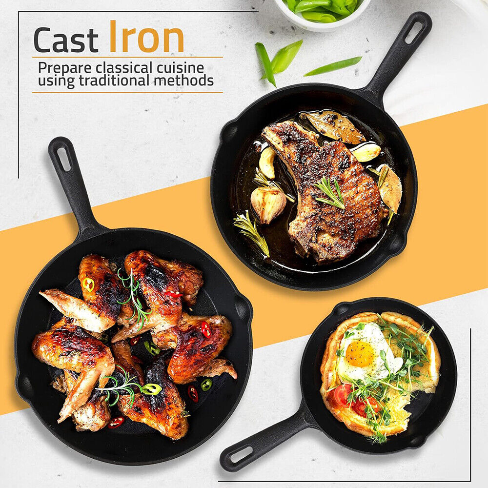 Set Of 3 Cast Iron Non Stick Skillet Griddle Cooking Pan Pre-Seasoned Frying Pan
