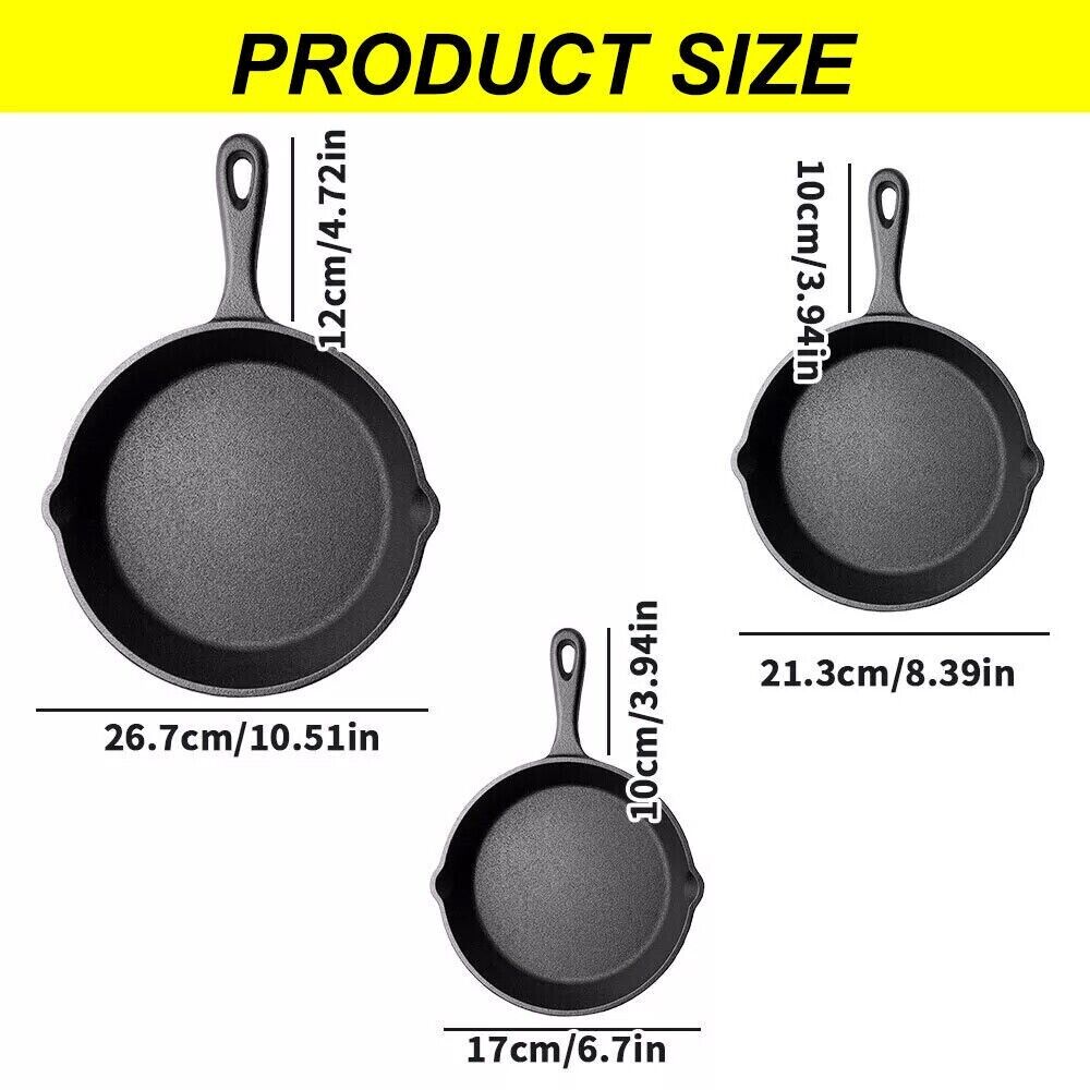 Set Of 3 Cast Iron Non Stick Skillet Griddle Cooking Pan Pre-Seasoned Frying Pan