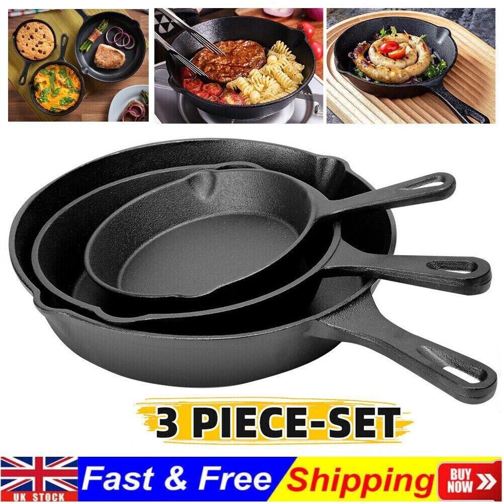Set Of 3 Cast Iron Non Stick Skillet Griddle Cooking Pan Pre-Seasoned Frying Pan
