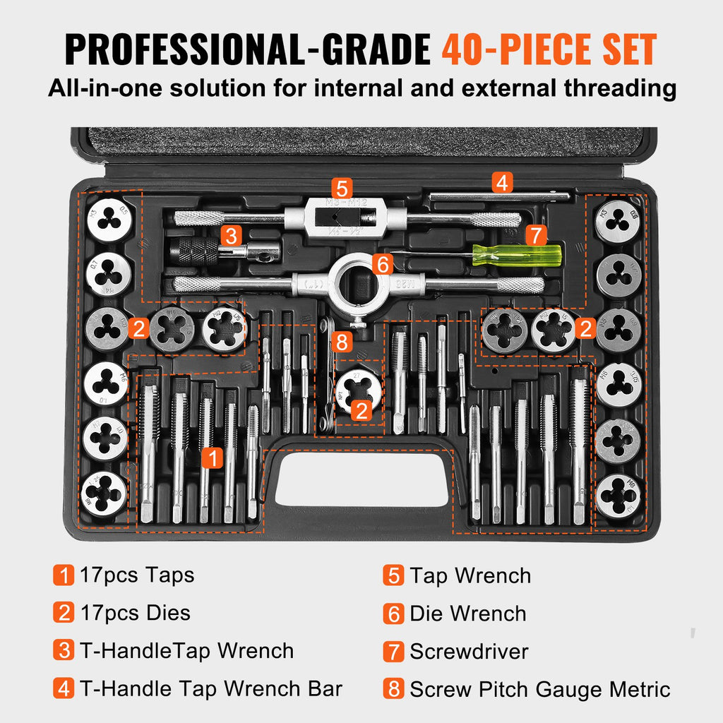 Tap And Die Set, 40-Piece Include Metric Size M3 To M12, Bearing Steel Taps And Dies, Essential Threading Tool For Cutting External Internal Threads, With Complete Accessories And Storage Case