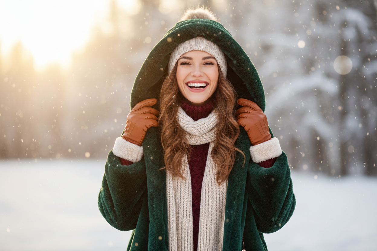 need banner image for products ads need happy joyful picks of beautiful lady wearing winter wears  it should be great color combination focus on image