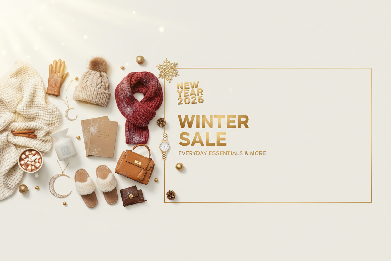 New Year 2026 winter sale banner featuring everyday essentials like home products, accessories and winter items, cozy winter atmosphere, warm tones, elegant festive decorations, golden New Year elements, modern ecommerce aesthetic, clean background, empty space for text, photorealistic, high quality marketing image